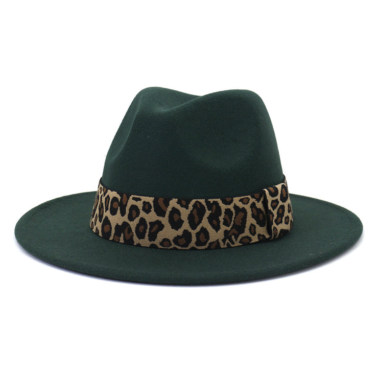 British Style Wool Leopard Print Wide-brimmed Hat