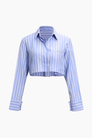 New Women's Lapel Stripe Pockets Decorate Long -sleeved Loose Short Shirt