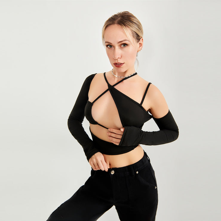 Long Sleeve Top Cut Out Asymmetrical Neck