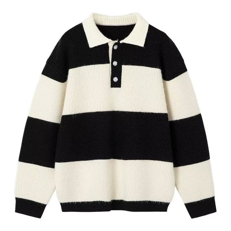 Loose Black And White Striped Sweater For Men