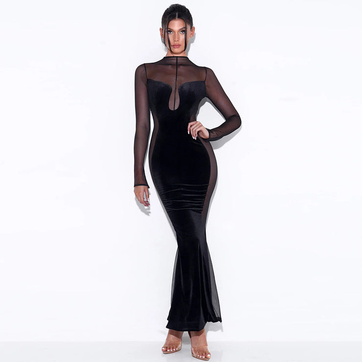 Sexy Hollow See Through Dress Autumn New Hot Long-sleeved Round Neck Backless Dress