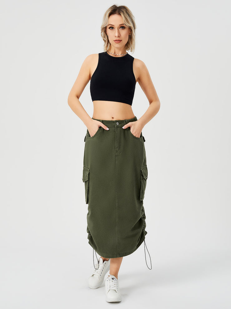 Women's Cargo Long Skirt Casual Streetwear Loose High Waist Front Split Maxi Skirt With Pocket Women's Cargo Long Skirts High Waisted Pencil Skirt Midi Length Jean Skirt With Cargo Pockets