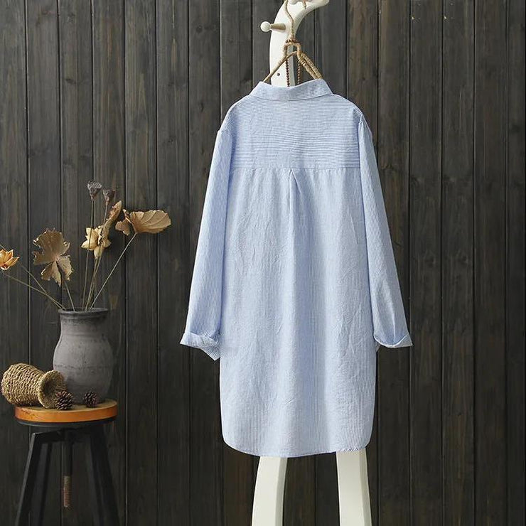 Women's Fashion Simple Embroidery Long Sleeve Cotton Linen Shirt