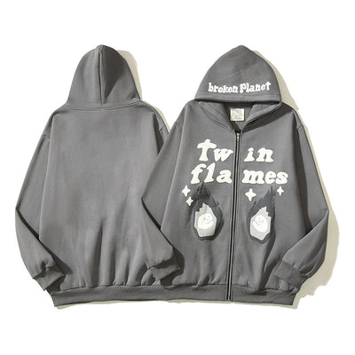 Men's Double-born Flame Foam Loose Open Chest Zipper Hooded Jacket