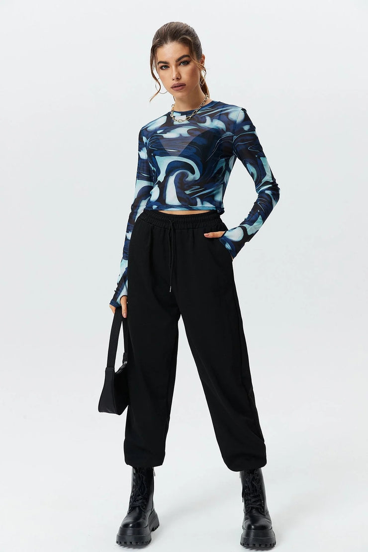 Round Neck Pullover Printed Crop Long Sleeve Top