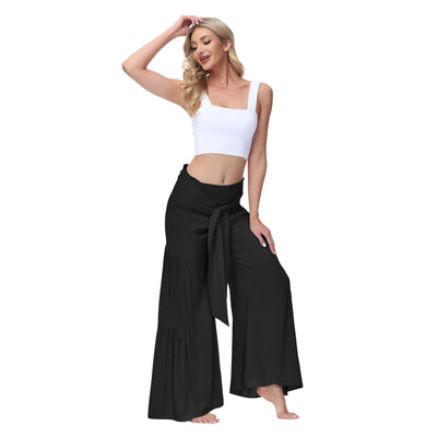 Stylish Lace-up Elastic-waist Pleated Wide-leg Pants Casual Slacks