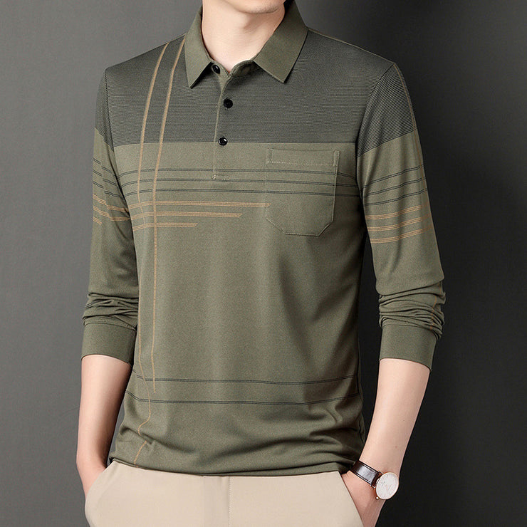 Men's Long Sleeve Striped Lapel T-shirt