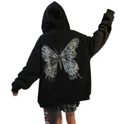 Hooded Zipper Letter Butterfly Print Fleece Cardigan Sweatshirt