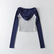 Contrast Color Hooded Sports Top Hot Girl Short High Waist Midriff-baring Long Sleeve Sweater