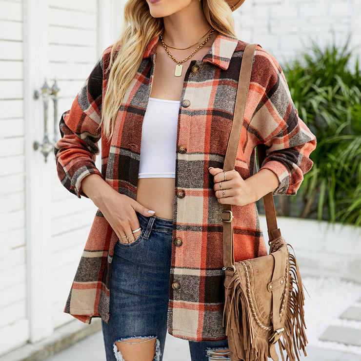 Women's Long-sleeved Plaid Shirt Mid-length Woolen Coat