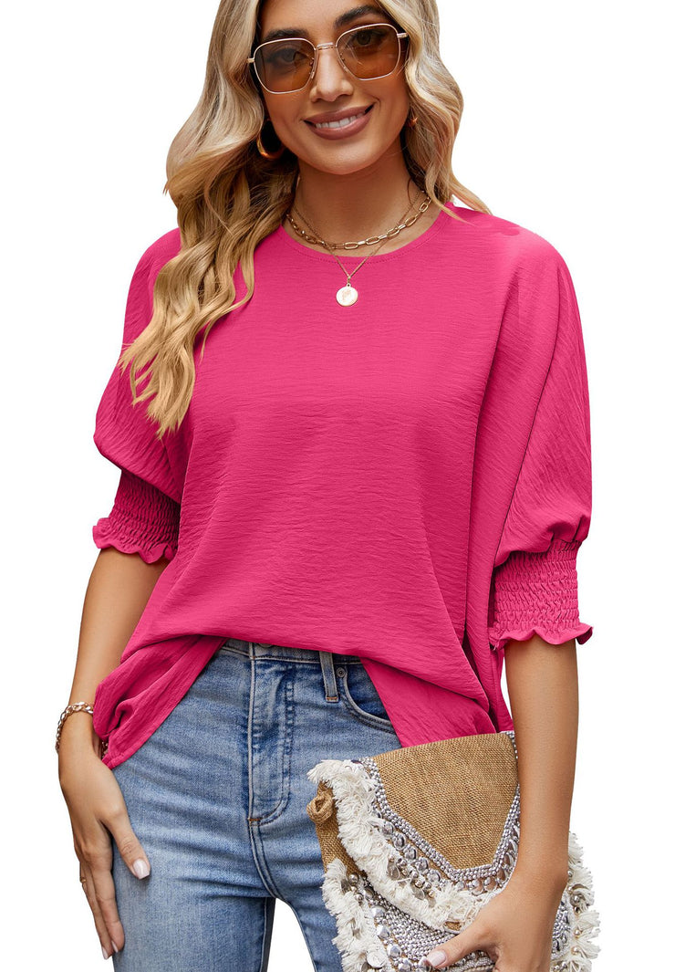 Women's Loose T-shirt With Elastic Sleeves Solid Color Outfit Fashion Tops Clothes