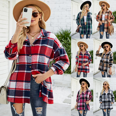 Women's Long-sleeved Plaid Shirt Mid-length Woolen Coat