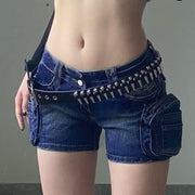 Street Washed Dark Blue Three-dimensional Pocket Splicing Low Waist Tight Hip Hot Girls Fried Street Hot Pants Super Short Jeans