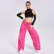 Street Spicy Girl Dew Pure Color Mesh Long Sleeve Top Two Sets