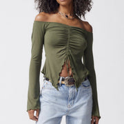 Two-wear Top Wooden Ear Edge Horn Sleeve Sexy Off-the-shoulder Long Sleeve T-shirt Woman