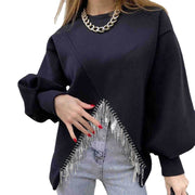 Women's Split Tassel Loose Casual Long Sleeves Top Solid Color Round Neck Sweater