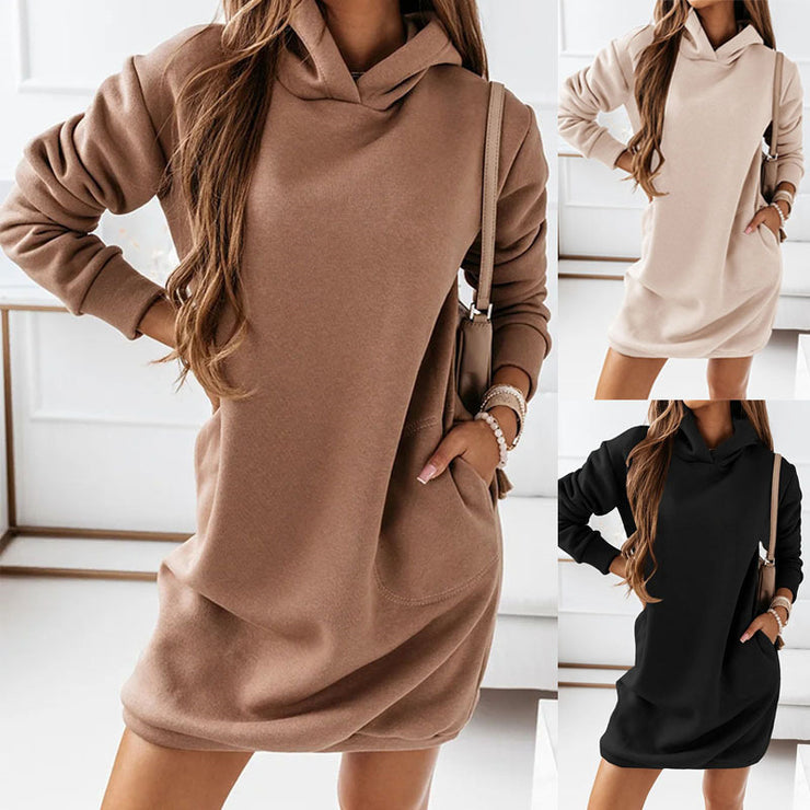 Fashion Hooded Long-sleeved Solid Color Women's Dress