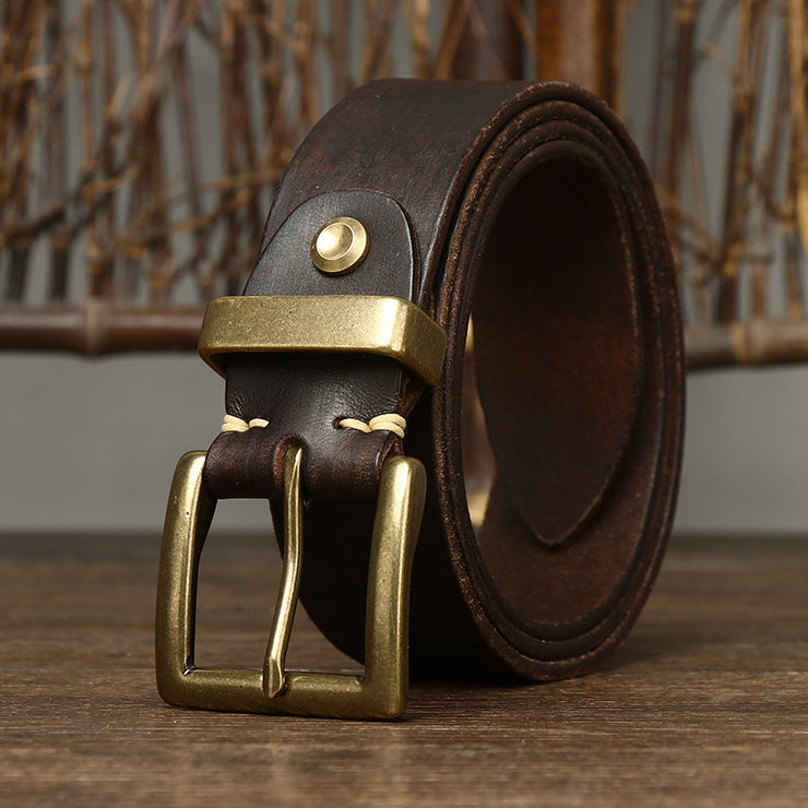 Retro Style Belt Men's Genuine Cattlehide Leather Surface Brass Buckle Denim Overalls Belt