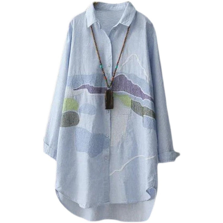 Women's Fashion Simple Embroidery Long Sleeve Cotton Linen Shirt