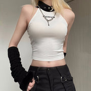 Women's Fashion Adjustable Metal Buckle Hanging Neck Slim Print Undershirt