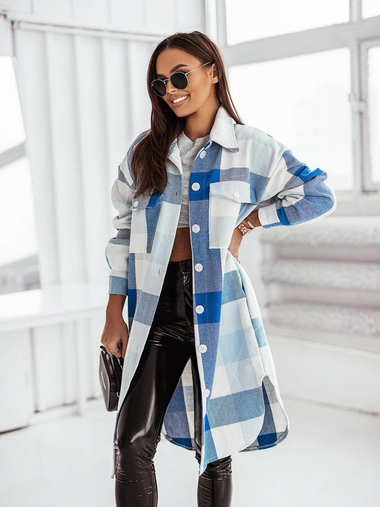 Women's Fashion Long Sleeve Color Plaid Brushed Woolen Long Coat