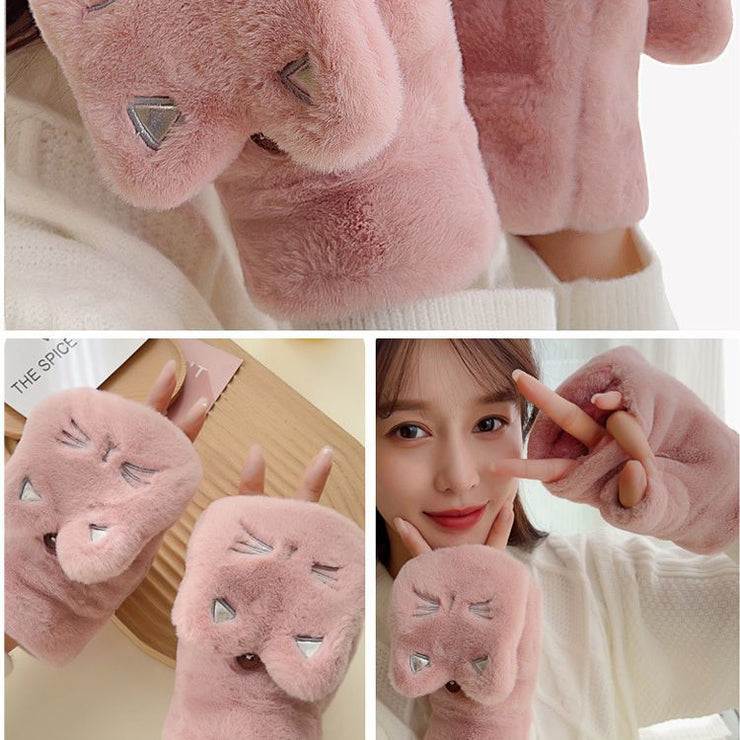 Women's Cold-proof Warm Flip Half Finger Cartoon Cute Plush Gloves