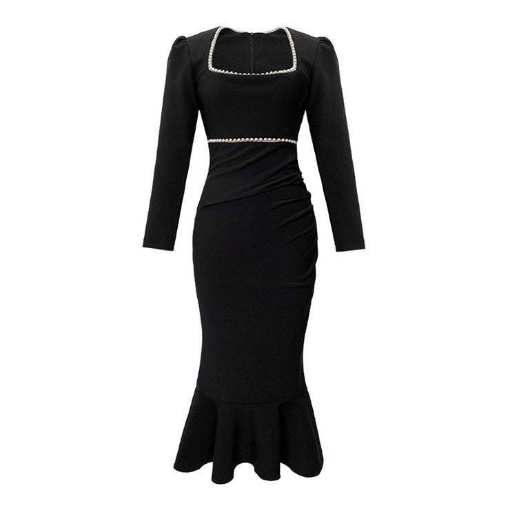 Square-neck Cinched Slimming Fishtail Long Sleeve Dress