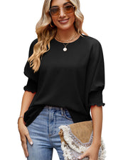 Women's Loose T-shirt With Elastic Sleeves Solid Color Outfit Fashion Tops Clothes