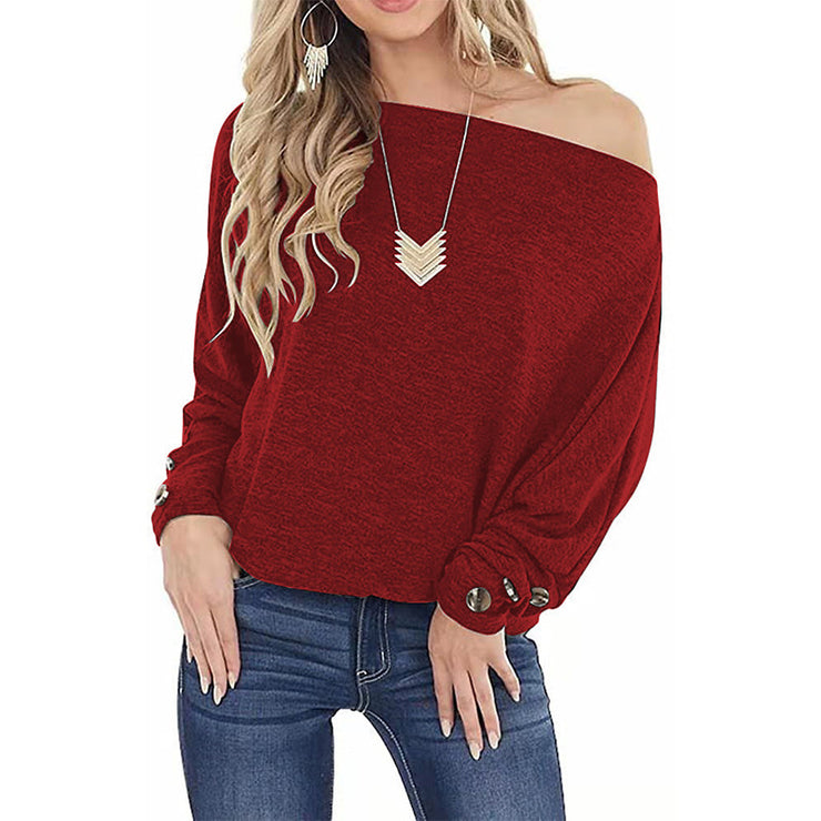 Women's Off-shoulder Button Solid Color Long Sleeve Casual T-shirt