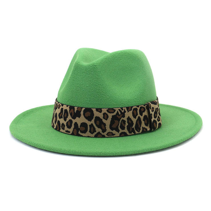 British Style Wool Leopard Print Wide-brimmed Hat