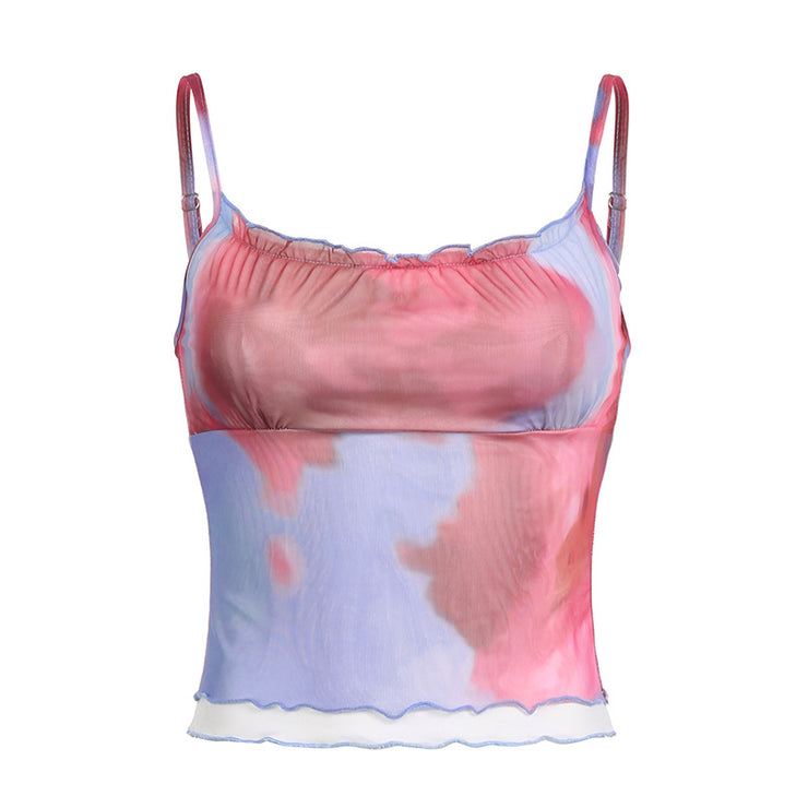 Tie-dye Printing Mesh See-through Camisole Hot Girl Backless Bottoming Shirt Top