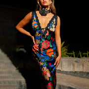 New Print Halter Dress Europe And The United States Wind Sexy Spicy Girl Backless V-neck Long Dress