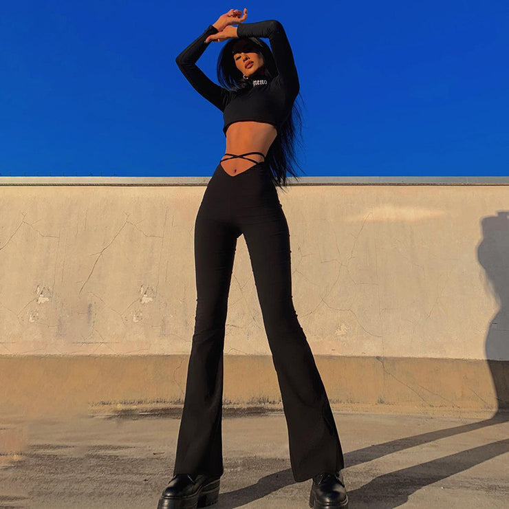 V-waist Cropped Crisscross Strap Flared Track Pants