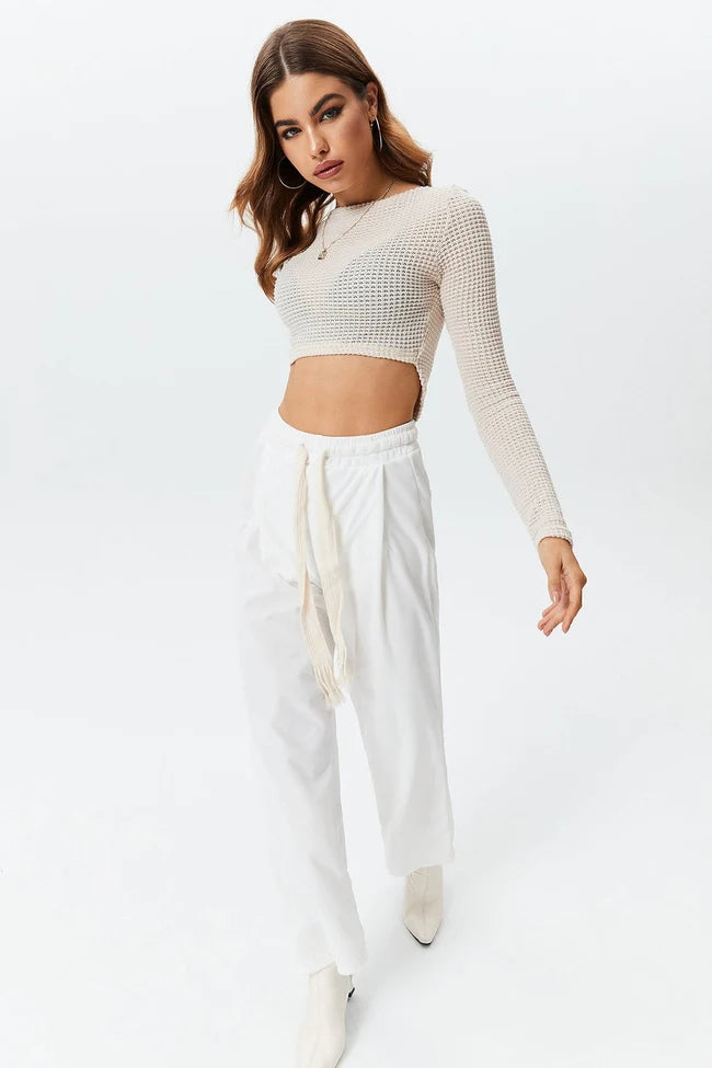 Square Neck Knit Cropped Long Sleeve T-Shirt