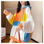 Women's Idle Style Hooded Color Matching Stitching Long-sleeved Hooded Sweater