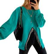 Women's Split Tassel Loose Casual Long Sleeves Top Solid Color Round Neck Sweater