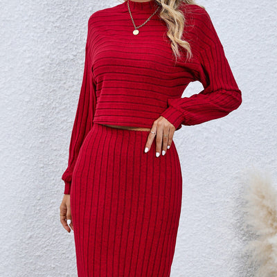 Long Sleeve Top Solid Color Hip Skirt Two Pieces