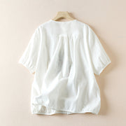 Women's Fashion Casual Retro Embroidery Design Cotton Linen Short Sleeve Shirt