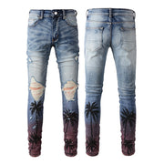 Digital Printing Coconut Pattern Spray Paint Ripped Jeans