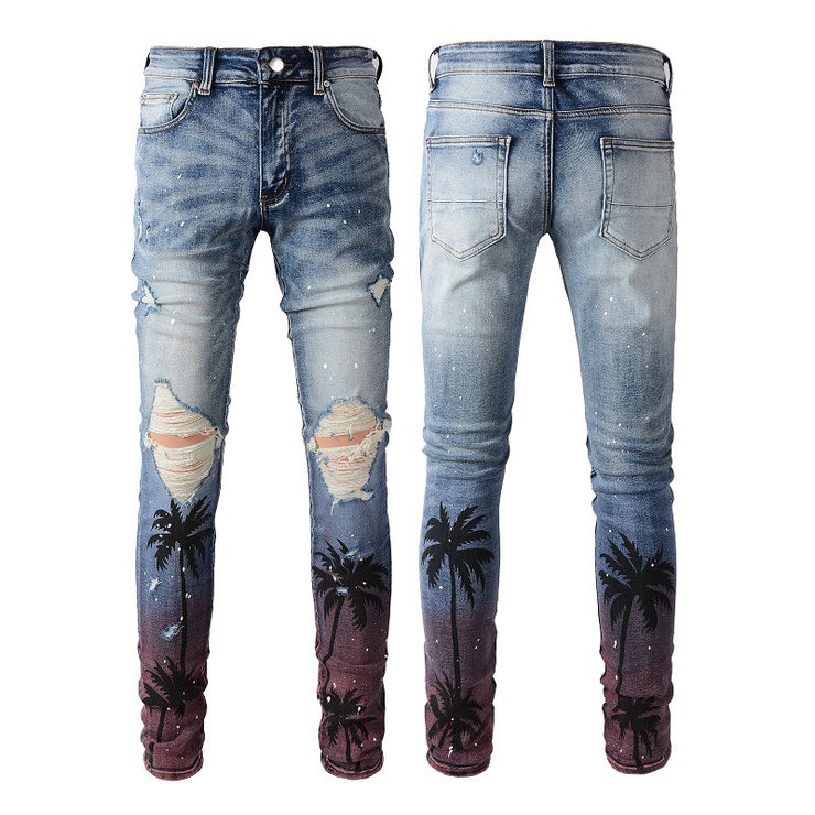 Digital Printing Coconut Pattern Spray Paint Ripped Jeans