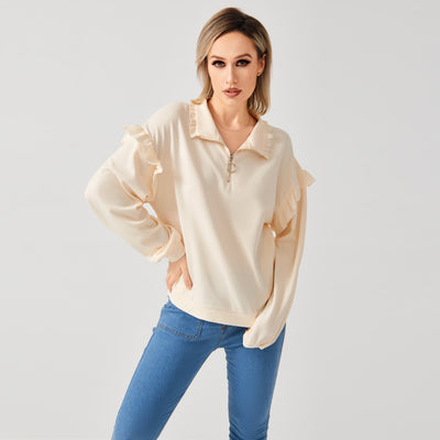 Women's Casual Ruffle Trim Half Zip Sweatshirt