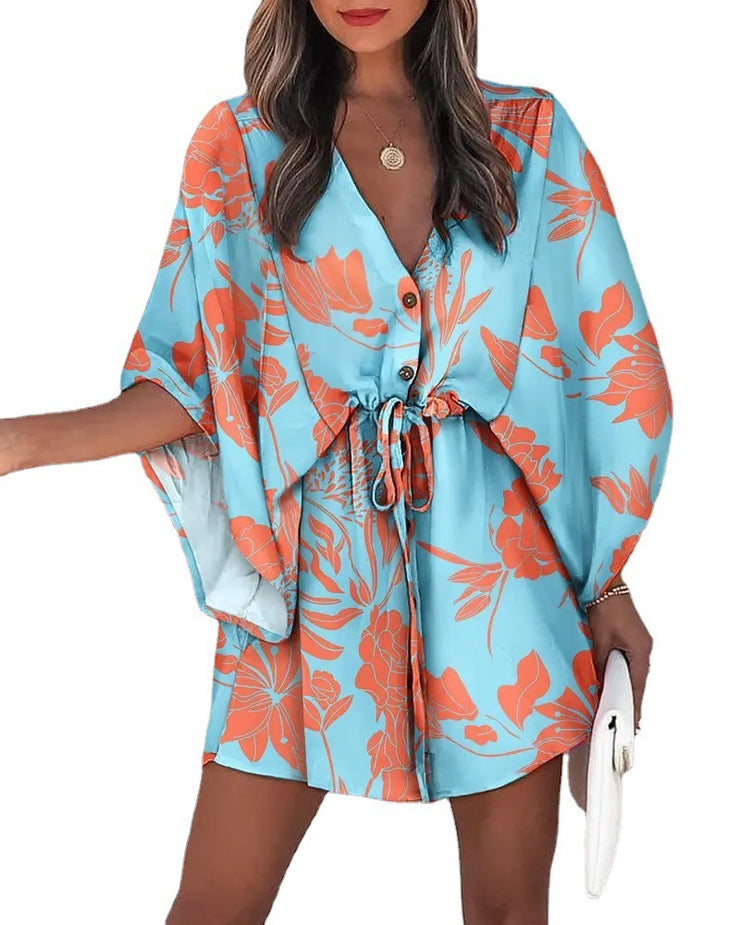 Women's V-Neck Tie Printed Beach Dress