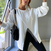 Women's Split Tassel Loose Casual Long Sleeves Top Solid Color Round Neck Sweater