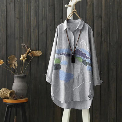 Women's Fashion Simple Embroidery Long Sleeve Cotton Linen Shirt