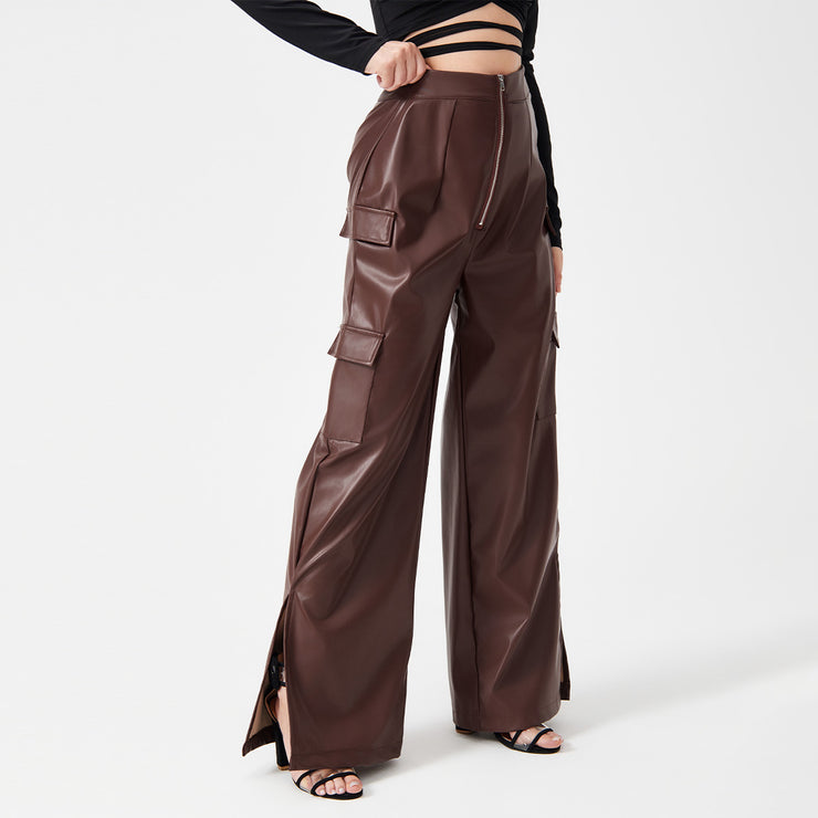 Fashion PU Trousers Metal Zipper Pocket Long Pants