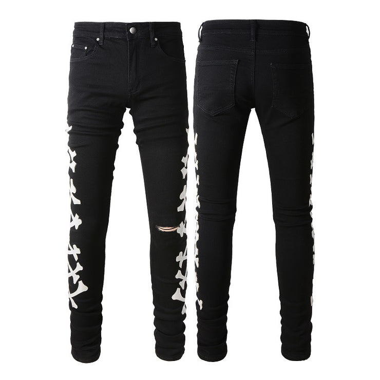 Jeans Ripped Bone Pattern Veneer Stretch