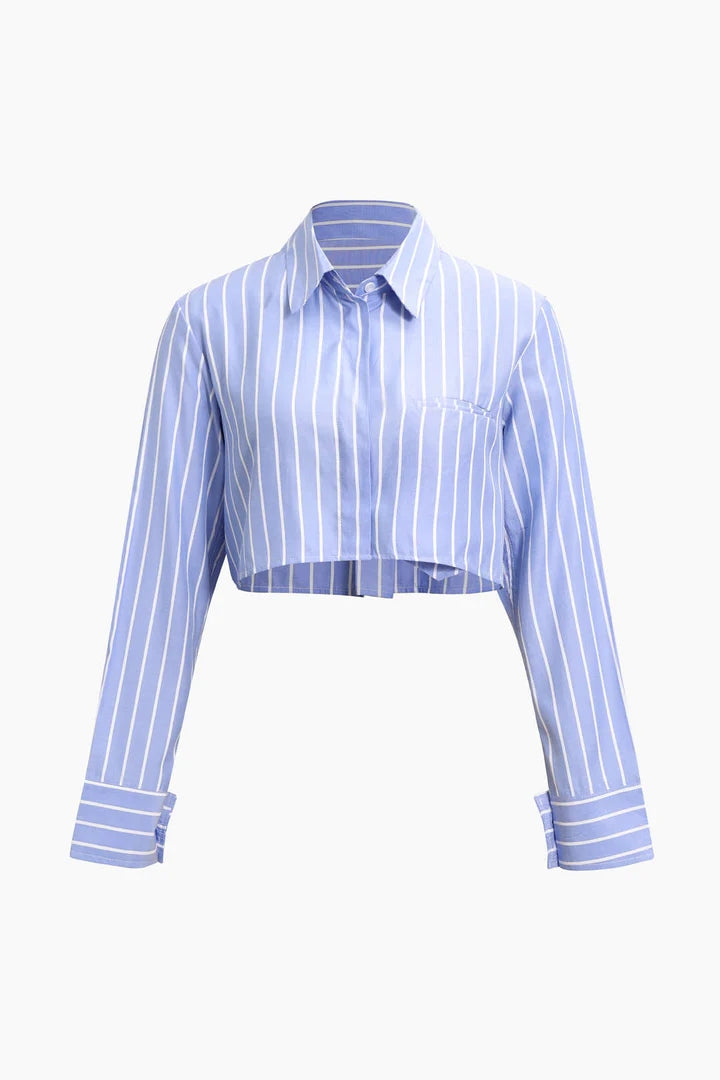 New Women's Lapel Stripe Pockets Decorate Long -sleeved Loose Short Shirt