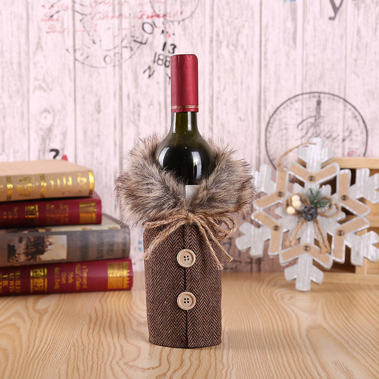 Holiday Decoration Props, Bowknot, Linen And Fur Collar, Red Wine Bottle Cover