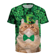 Patrick's Day Four Leaf Grass Cute Pet Cat Digital Print Round Neck T-shirt