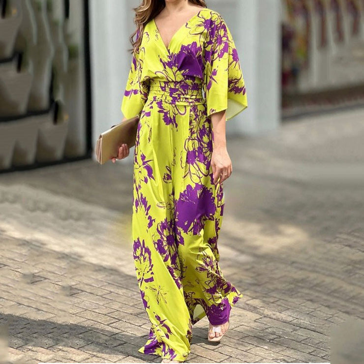 European And American Style Women's Printed High Waist Temperament Fashion Wide Leg Jumpsuit